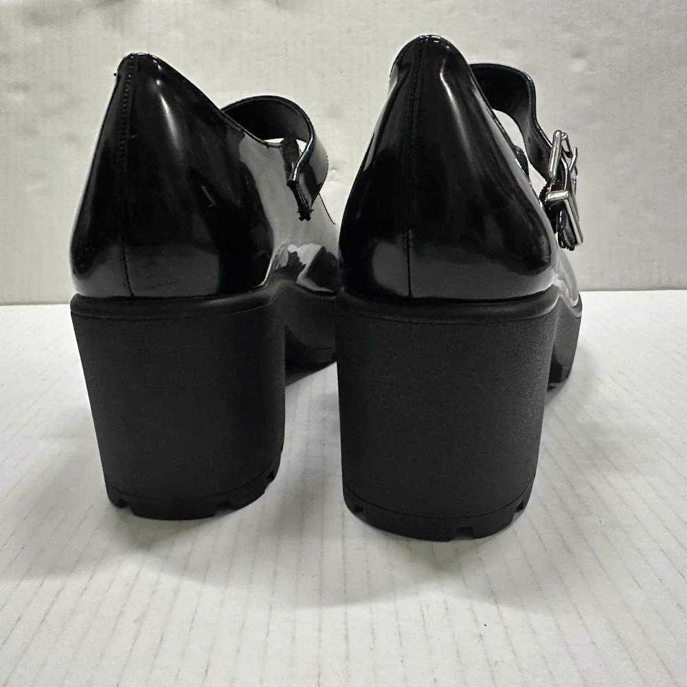 GB Mary Jane‎ Platform Heel Shoes Womens 8.5 Shiny Black Block Lug Sole Y2K